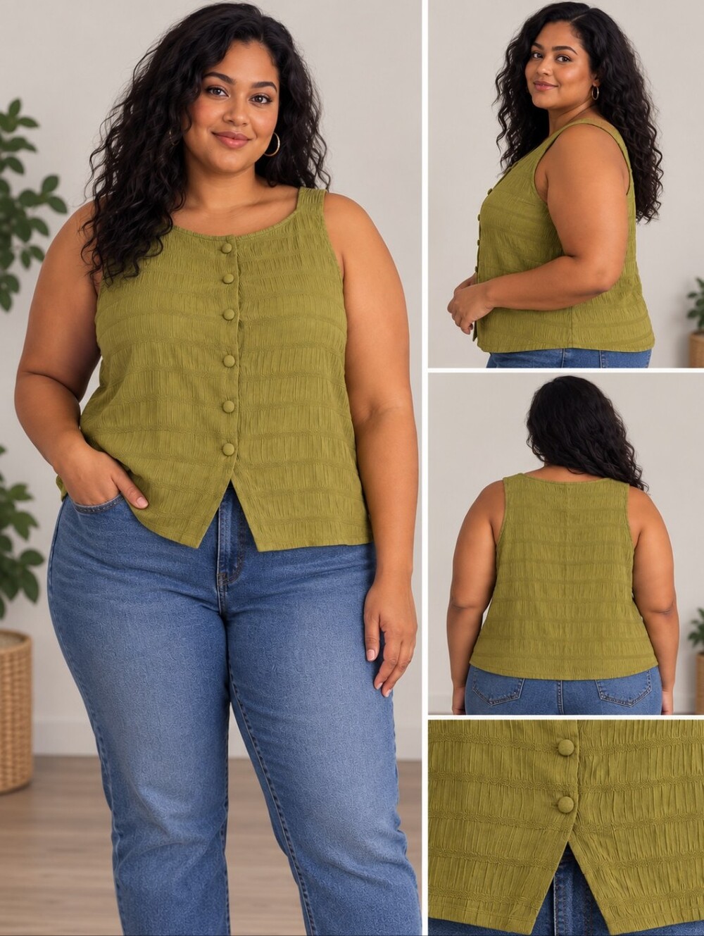 2/$15 SHEIN Olive Green Button-Front Sleeveless Tank